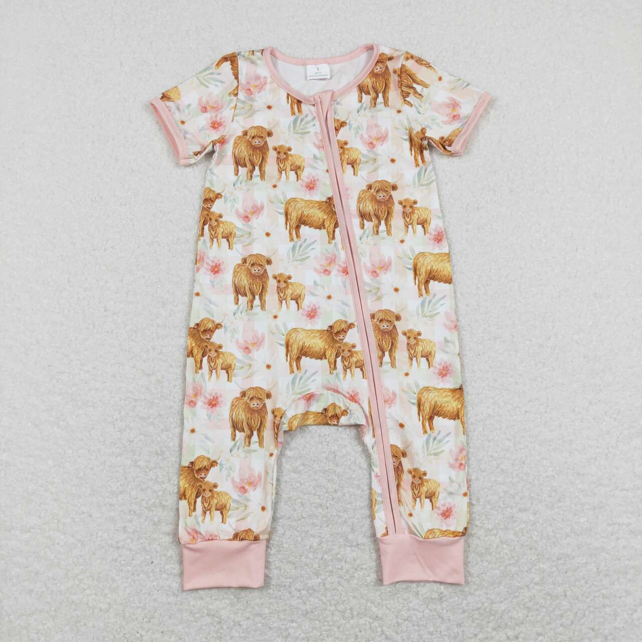 USA-Shop SR0940 Flowers Highland Cow Print Baby Girls Zipper Romper