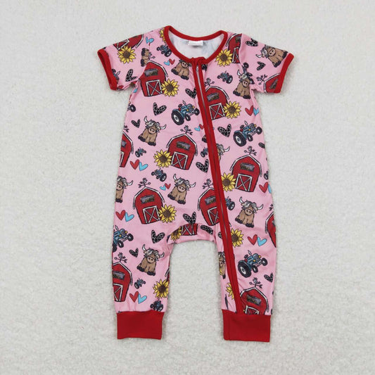 SR1368  Farm Cow Sunflowers Print Baby Girls Summer Zipper Romper