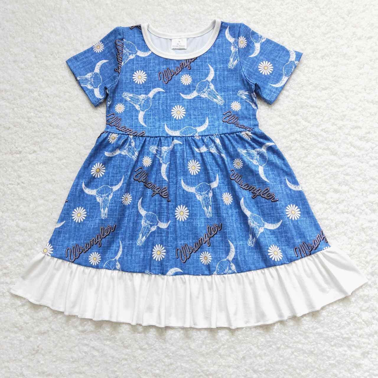 GSD0756 Cow Skull Daisy Print Girls Western Knee Length Dress