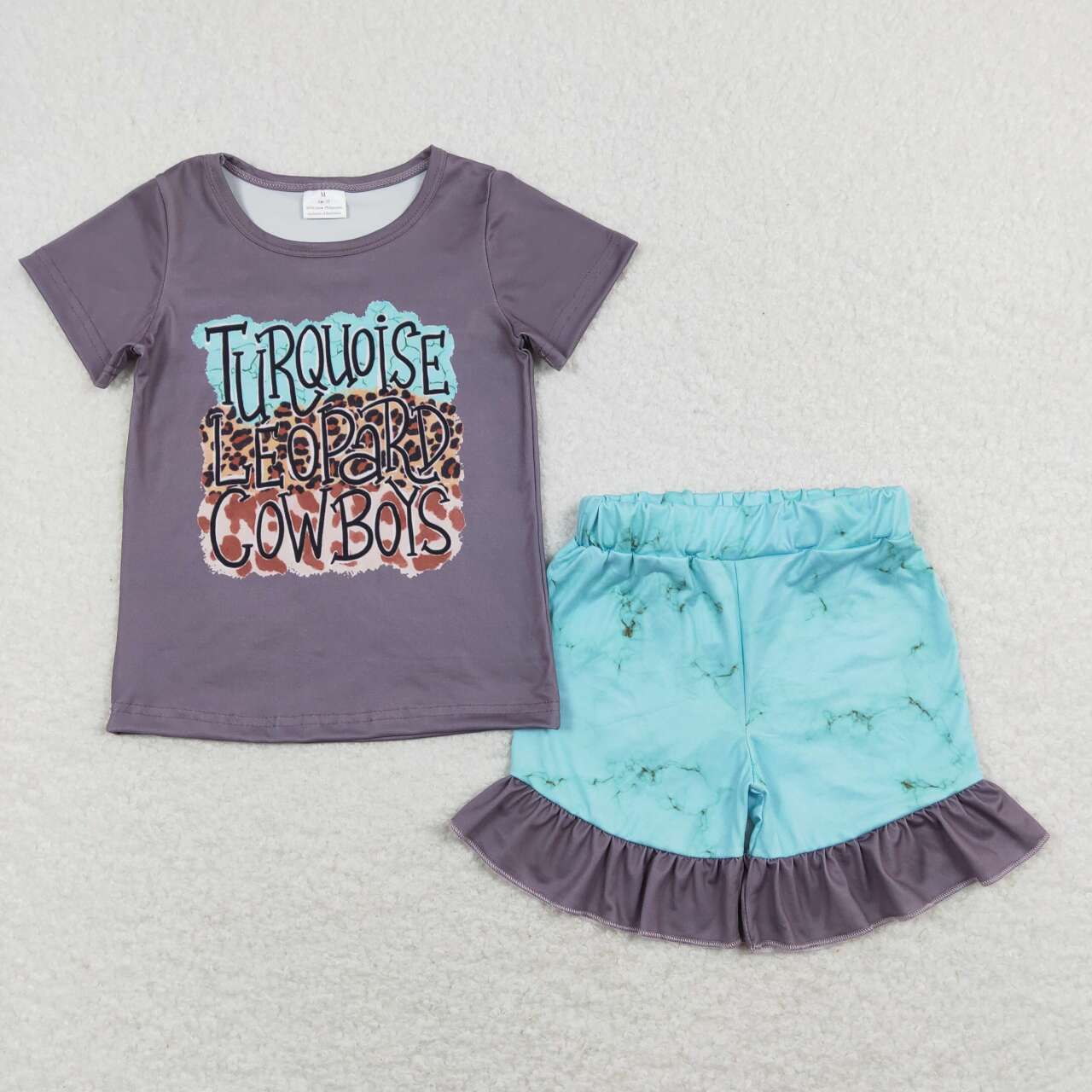 GSSO0545 Turquoise Leopard Cowboys Print Girls Summer Western Clothes Set