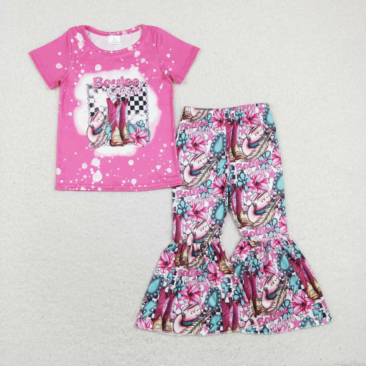 GSPO1293 Pink Boots Hat Flowers Cowgirl Print Girls Western Clothes Set