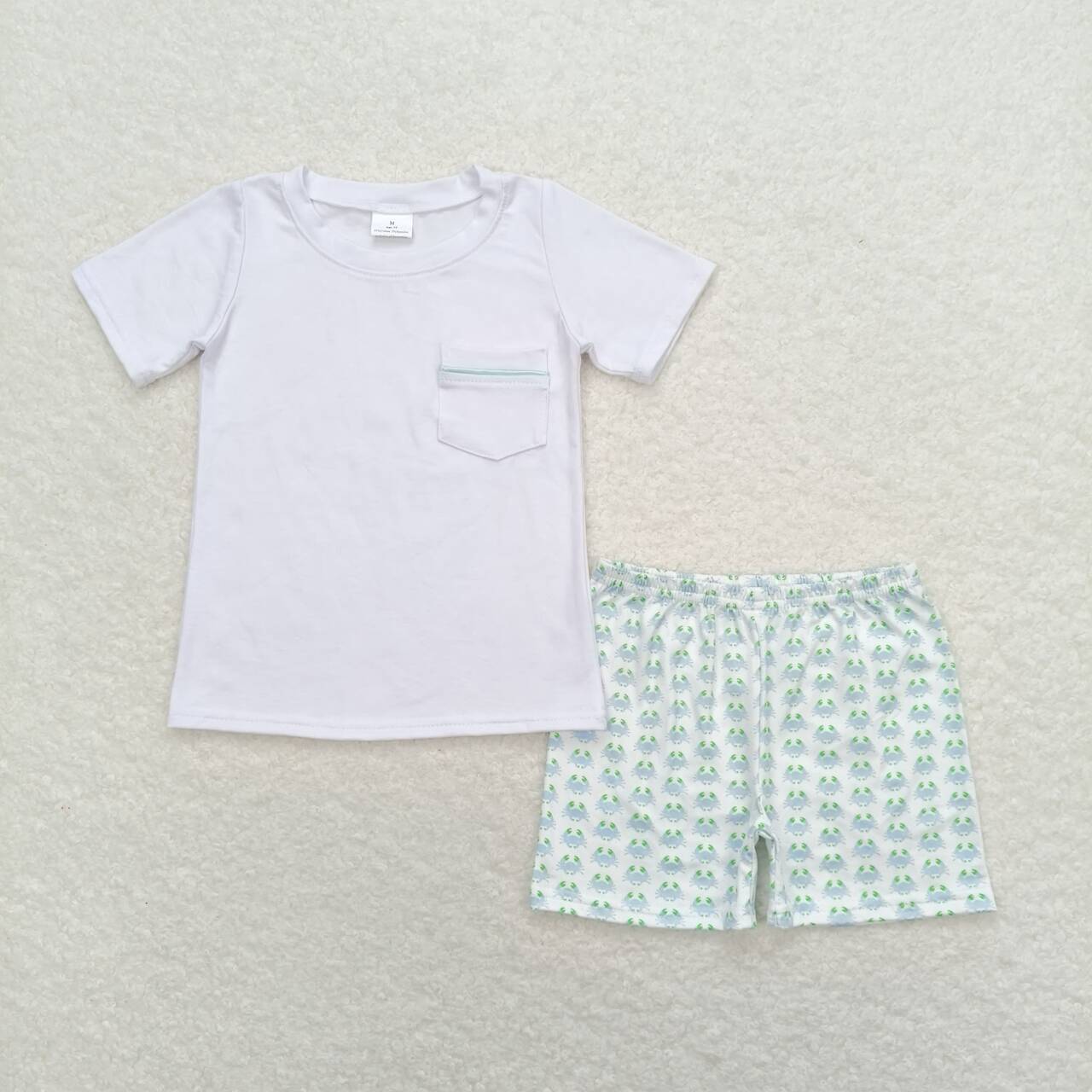 BSSO0797 Blue Pocket Top Blue Crab Shorts Boys Summer Clothes Set