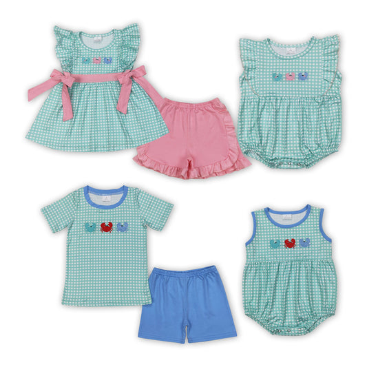 Crab Embroidery Plaid Sibling Summer Matching Clothes