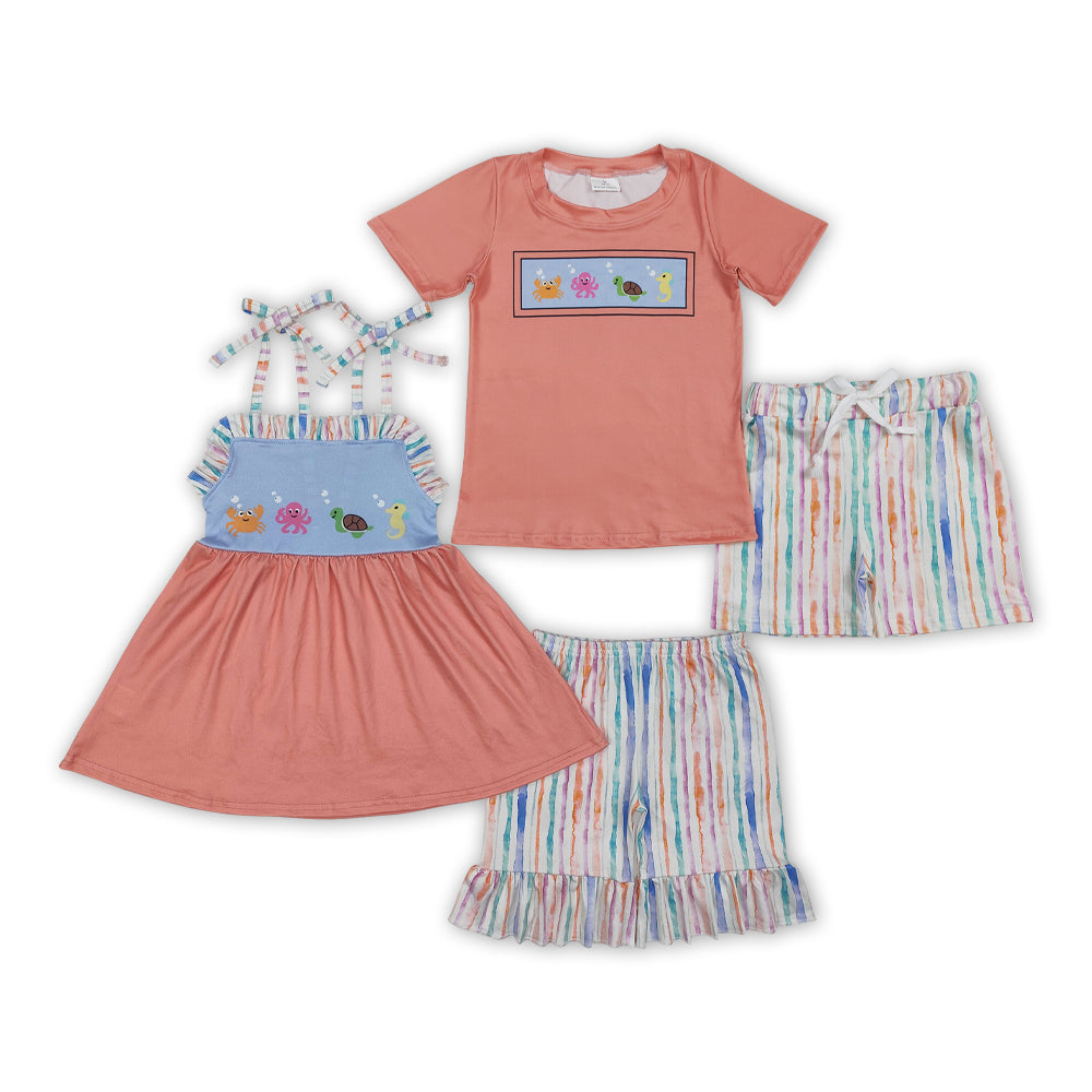 Crab Seahorse Turtle Top Stripes Shorts Kids Summer Clothes Sibling Wear