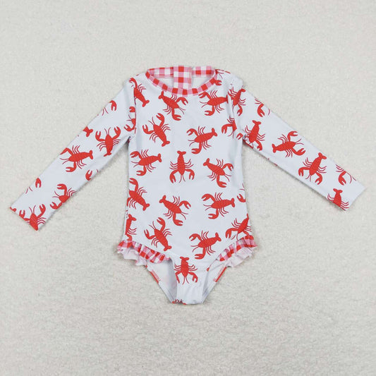 S0220 Crayfish Print Girls Long Sleeve 1 Pieces Zipper Swimsuits