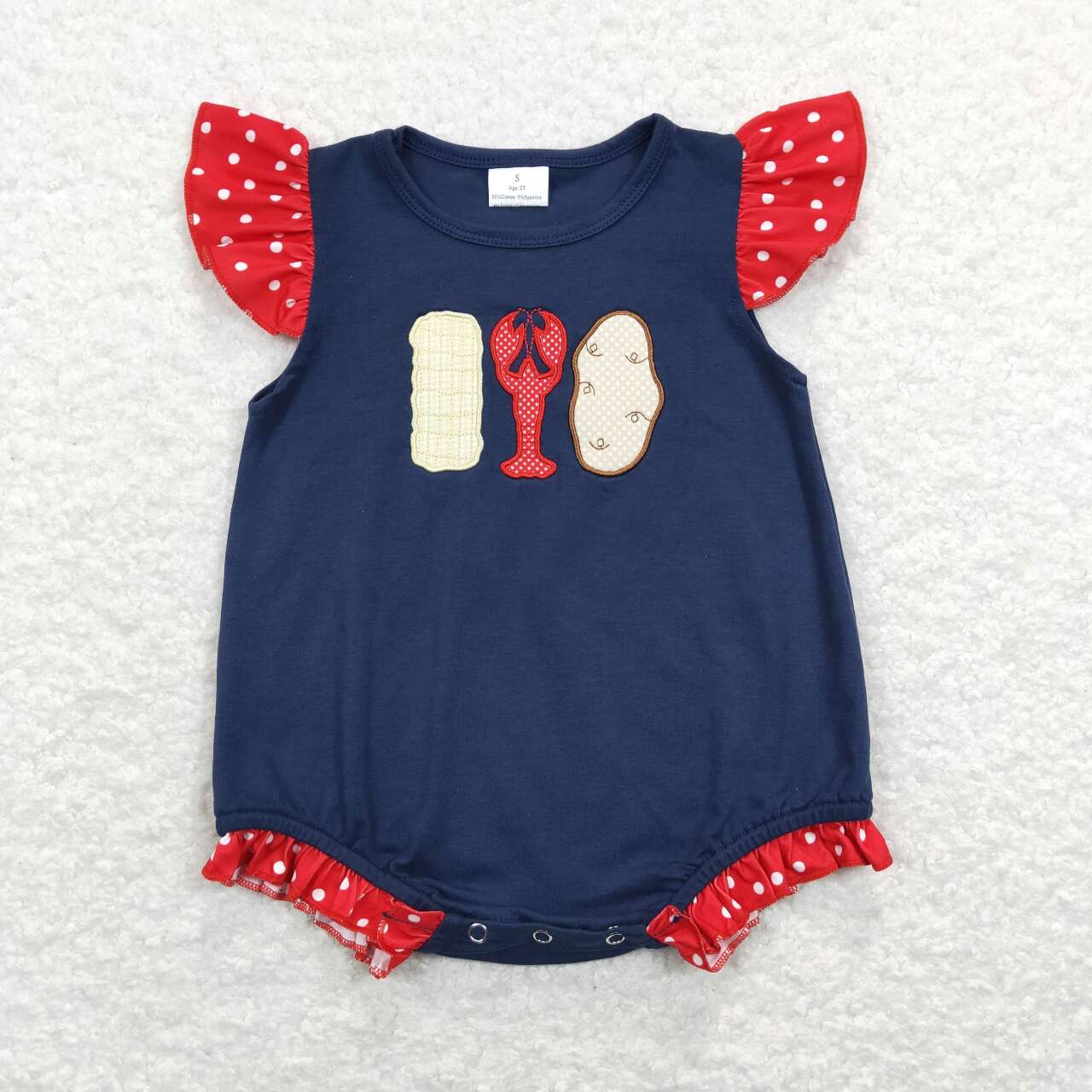 SR0739 Corn Crayfish Potato Embroidery Navy Baby Girls Summer Romper