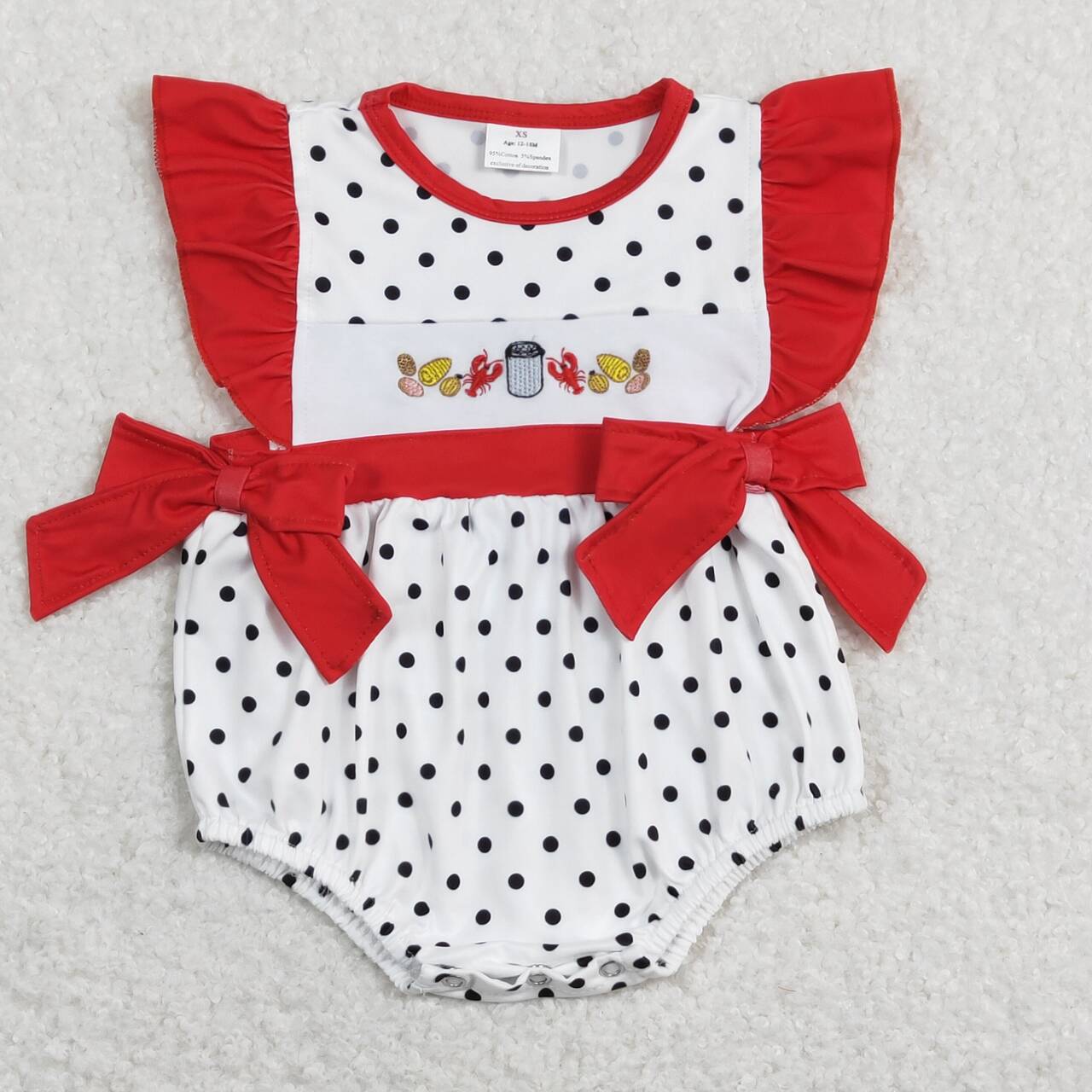 SR0742 Crayfish Corn Potato Embroidery Dots Print Baby Girls Summer Romper