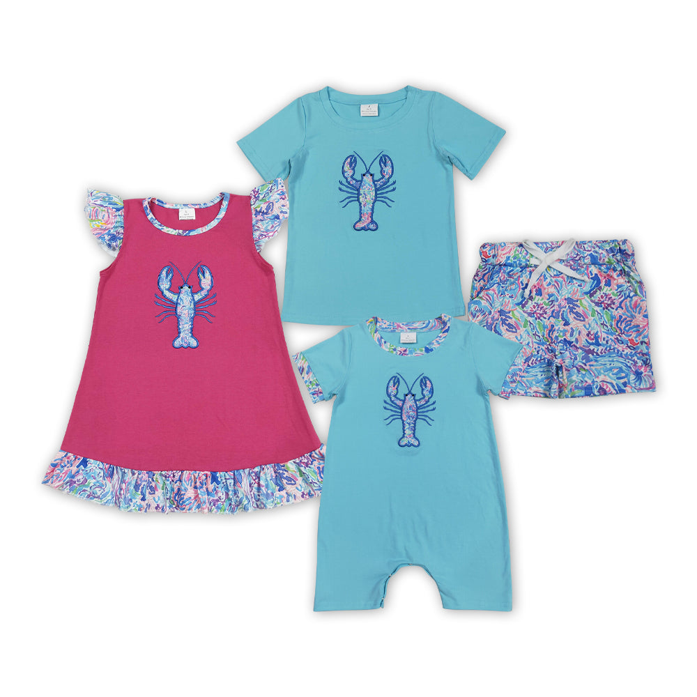 Crayfish Seaweed Embroidery Kids Summer Clothes Sibling Matching Wear