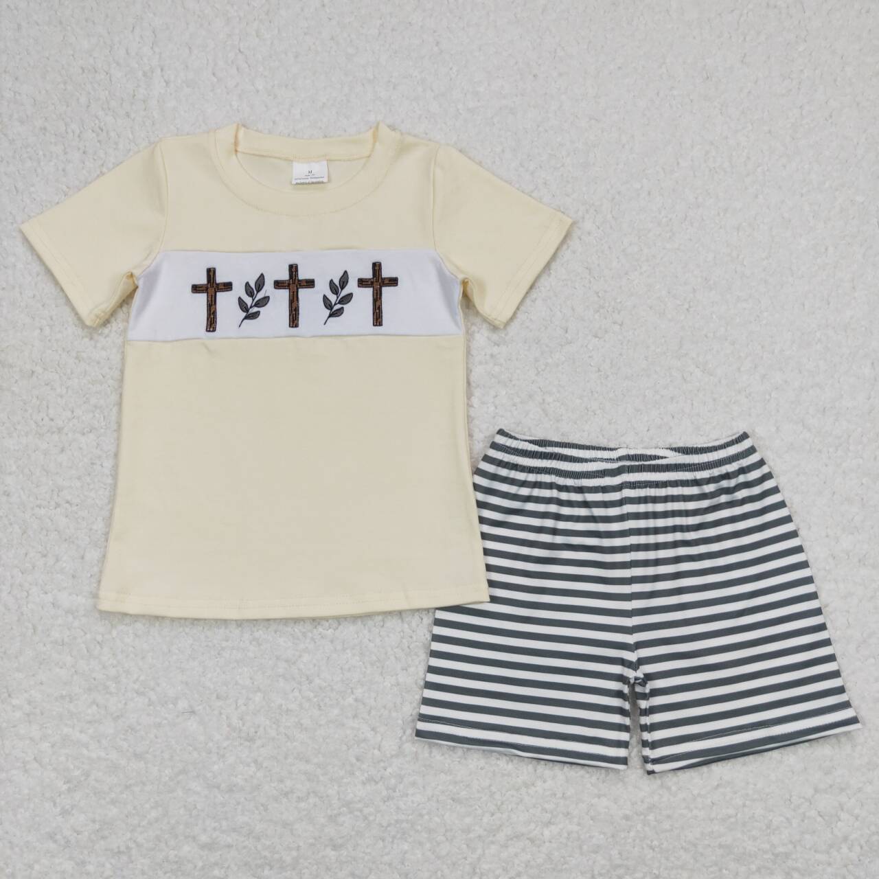 Cross Embroidery Stripes Print Sibling Easter Matching Clothes