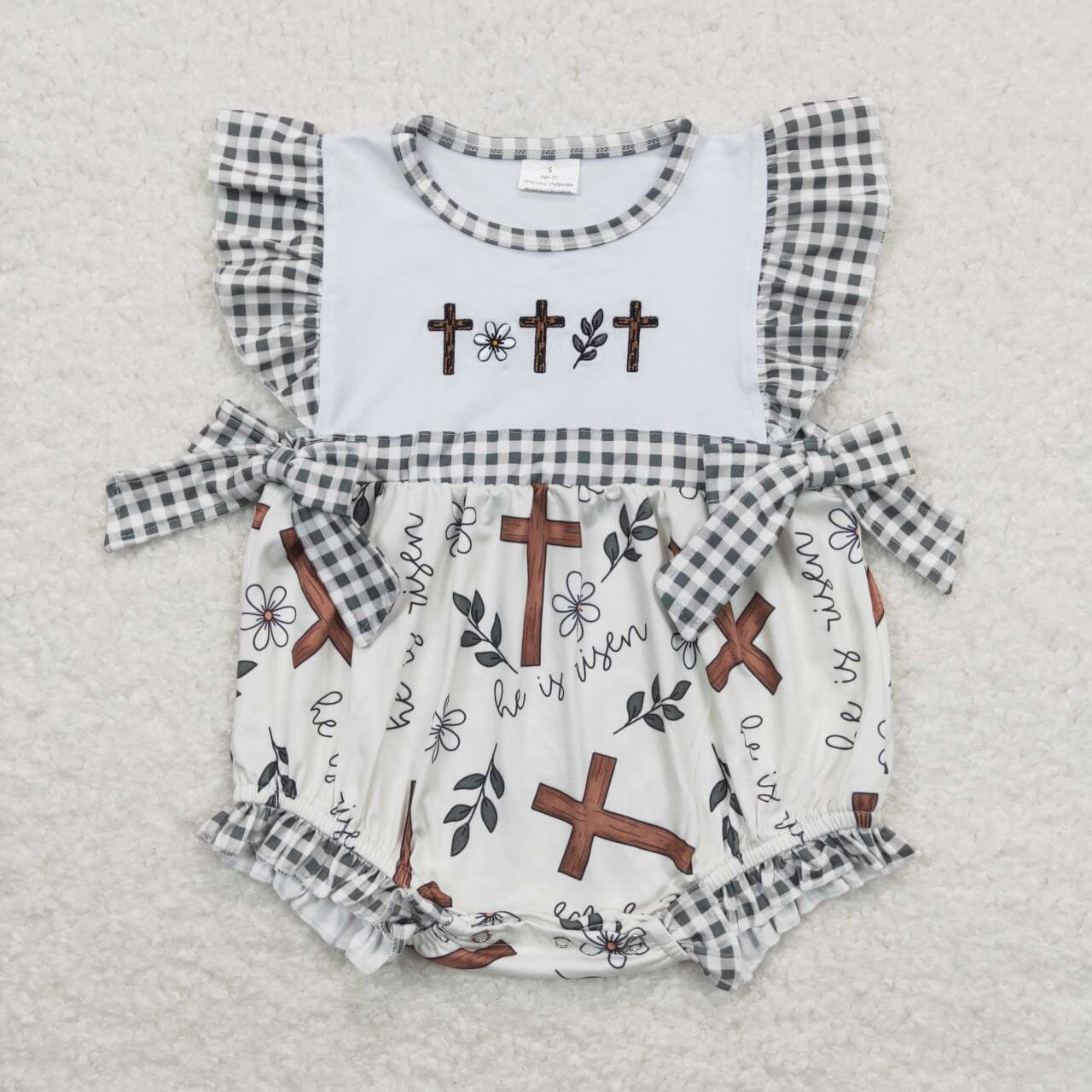 SR0813 Cross Embroidery Flowers Print Baby Girls Easter Romper
