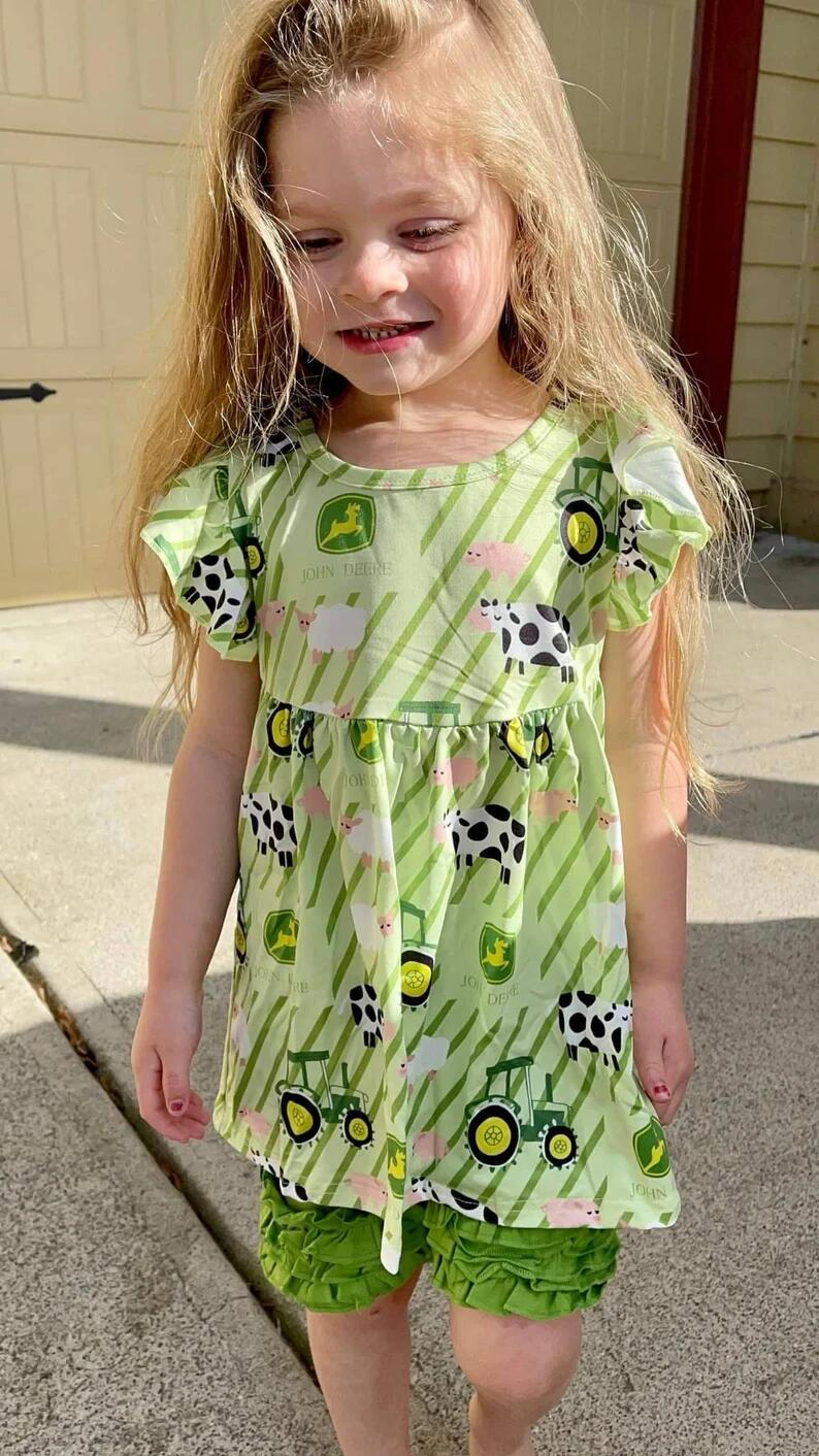 (Promotion)Girls summer green farm print outfits D11-26