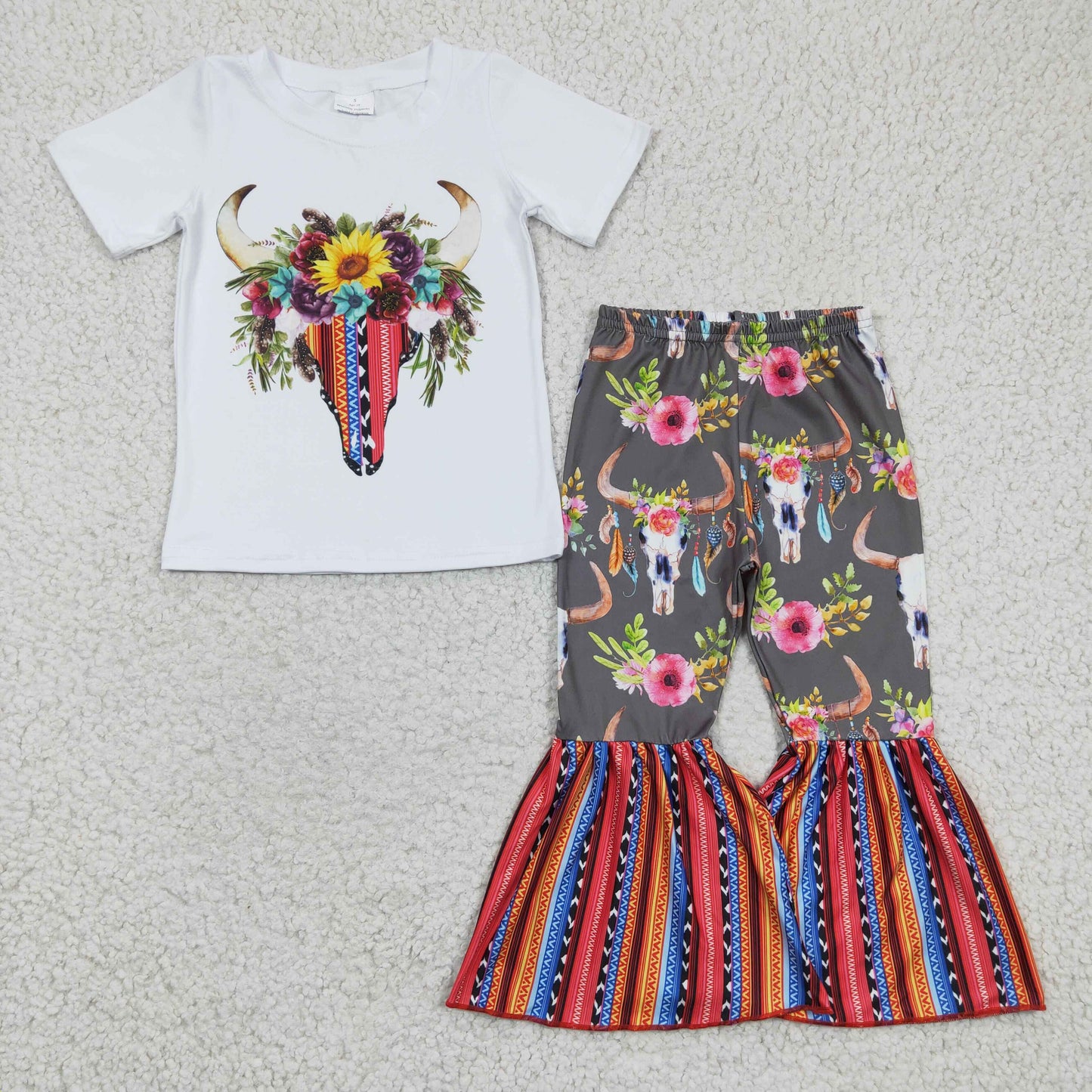 7 Colors Cow Skull Western Print Bell Pants Girls Clothes Set