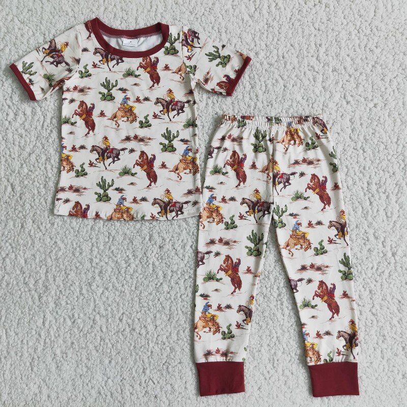 5 Colors Rodeo Western Print Kids Pajamas Clothes Set