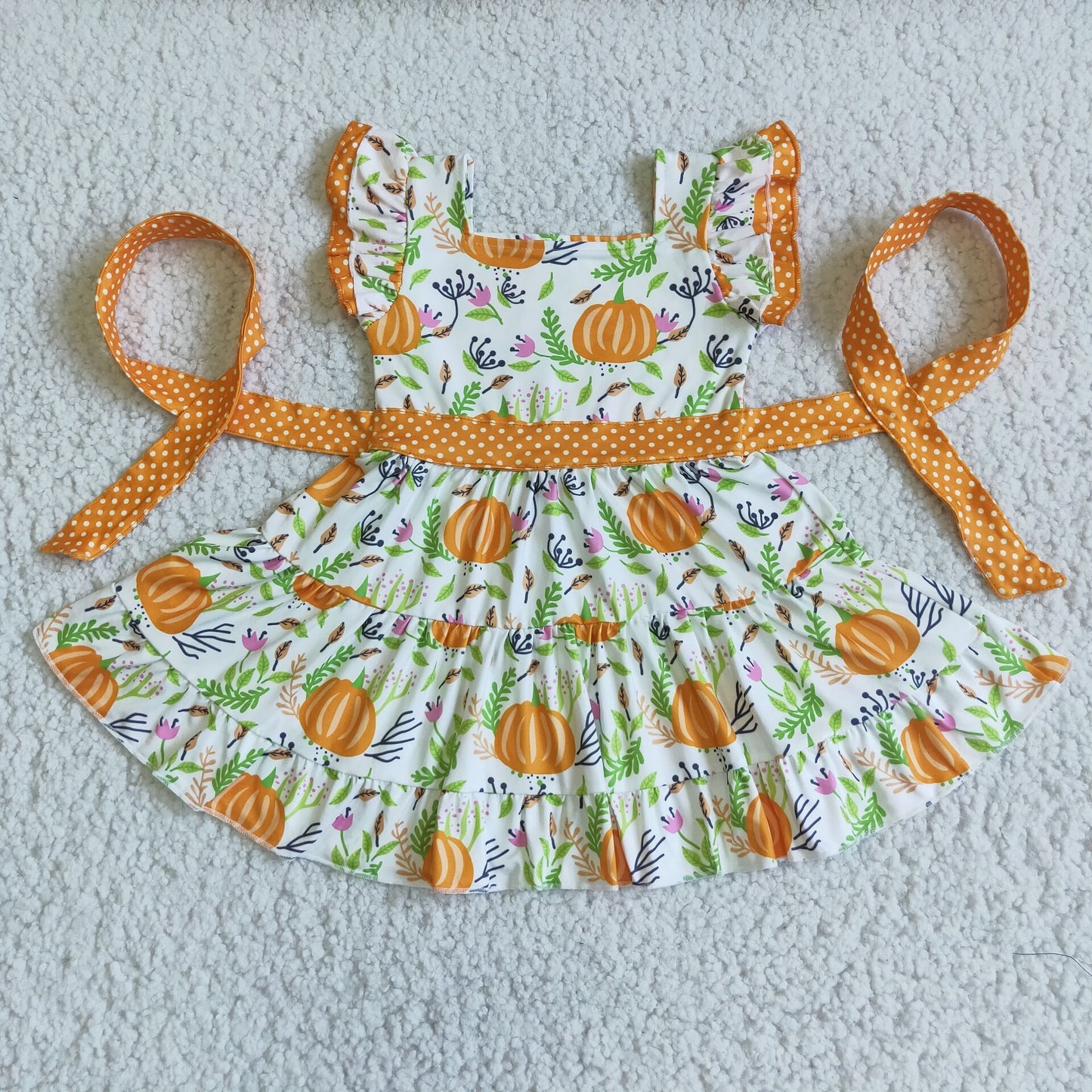 (Promotion) D6-20 Pumpkin Flowers Flutter Sleeve Girls Knee Length Dress