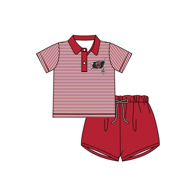 (Custom Design Preorder MOQ 5) Team's DEVILS Stripes Polo Top Red Shorts Boys Summer Clothes Set