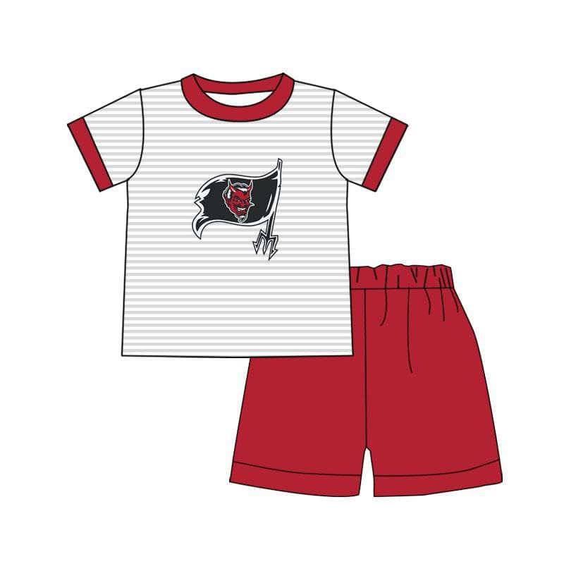 (Custom Design Preorder MOQ 5) Team's DEVILS Stripes Top Red Shorts Boys Summer Clothes Set