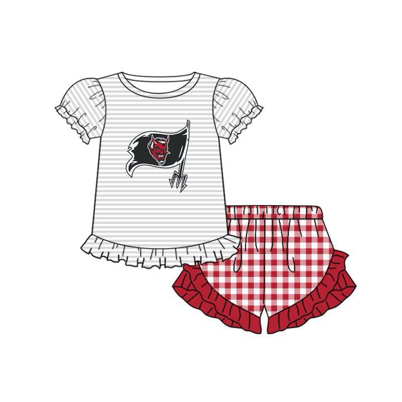 (Custom Design Preorder MOQ 5) Team's DEVILS Stripes Top Plaid Shorts Girls Summer Clothes Set