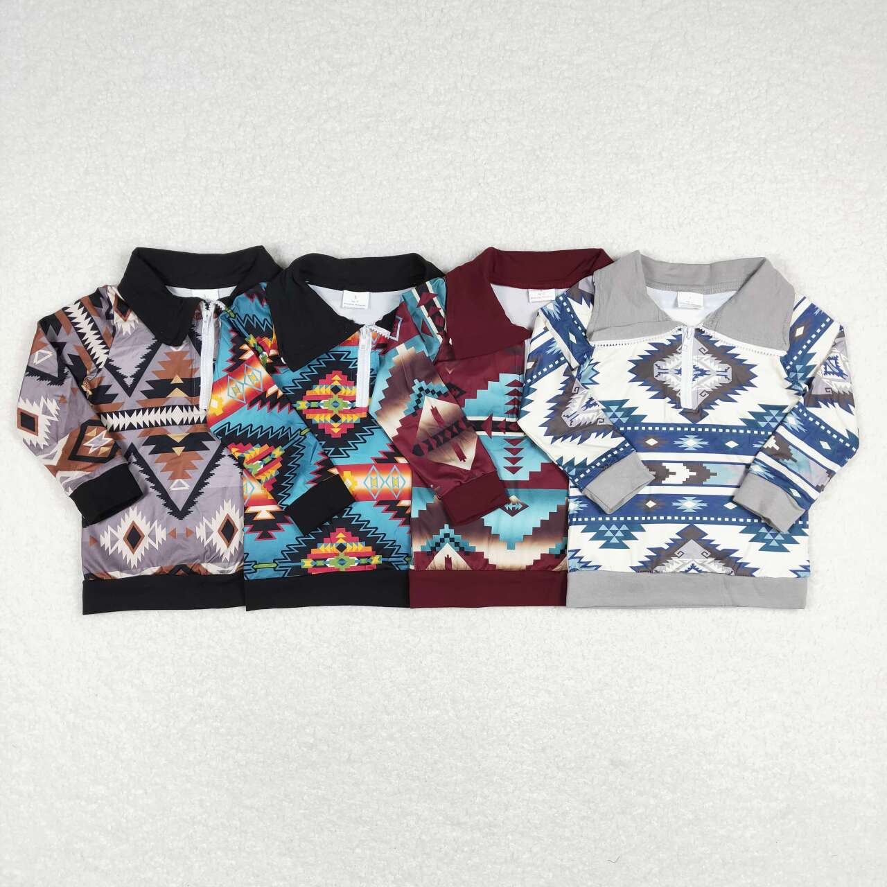 4 Colors Boys Long Sleeve Aztec Print Western Zipper Pullover Top