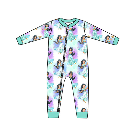 (Custom Design MOQ 5) Cartoon princess with Lamp  baby girls zipper romper