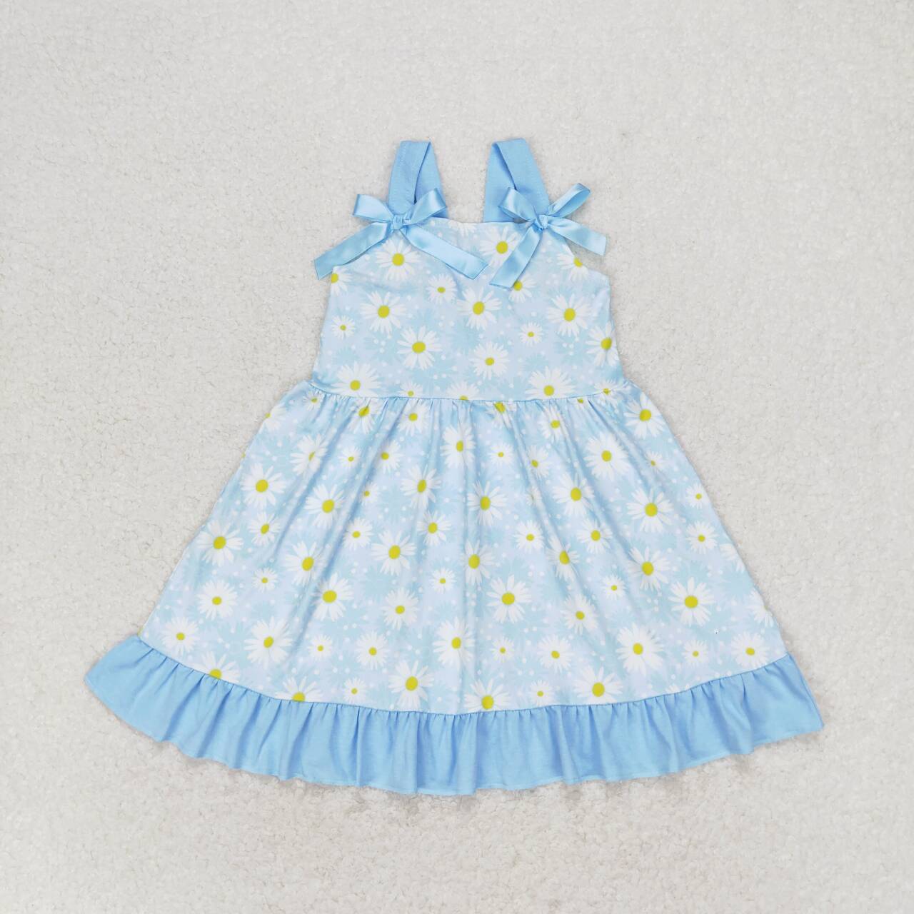 GSD1066 Daisy Flowers Blue Print Girls Knee Length Summer Dress