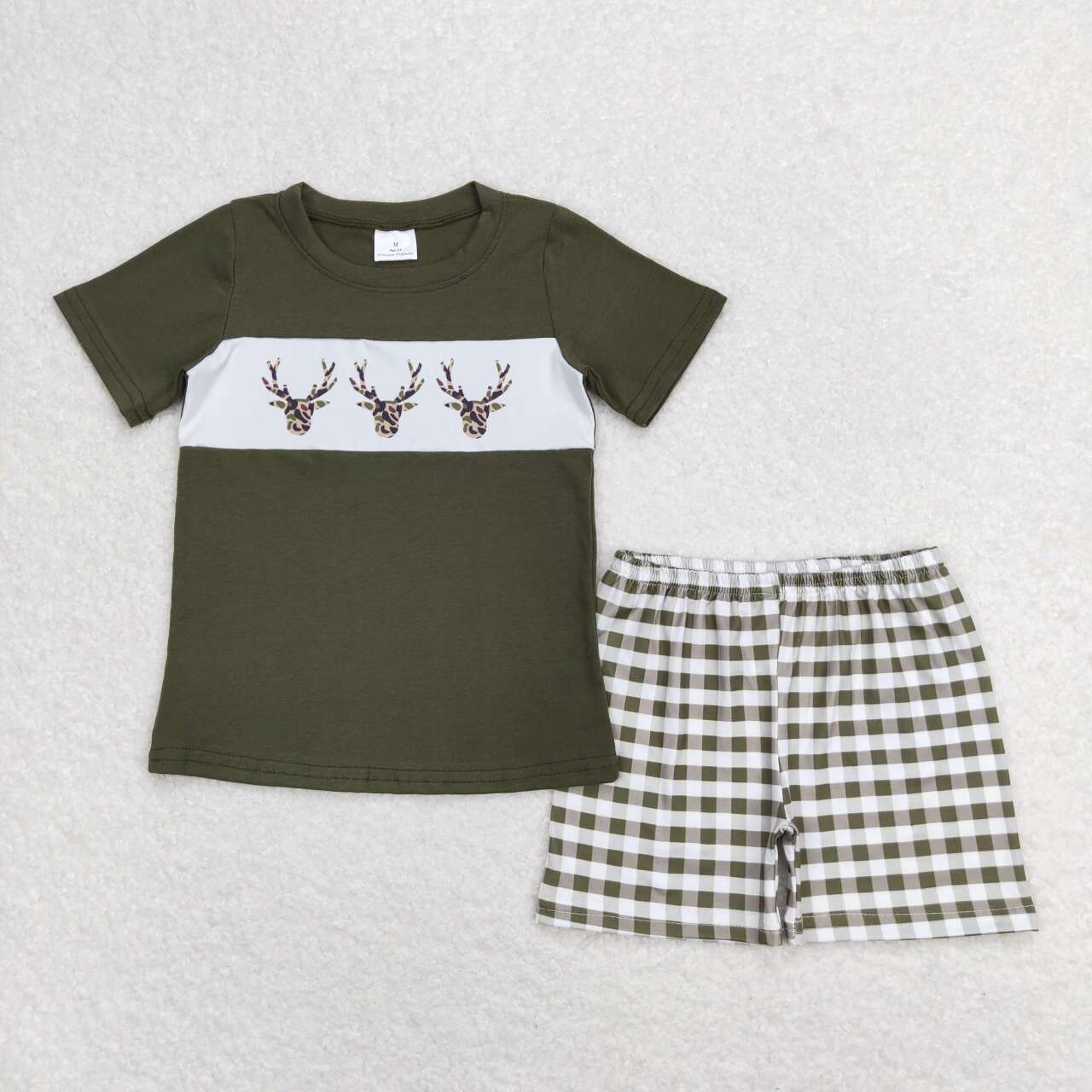 BSSO0662 Green Camo Deer Top Plaid Shorts Boys Summer Clothes Set