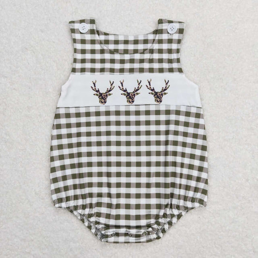 SR1167 Green Camo Deer Plaid Print Baby Boys Summer Romper
