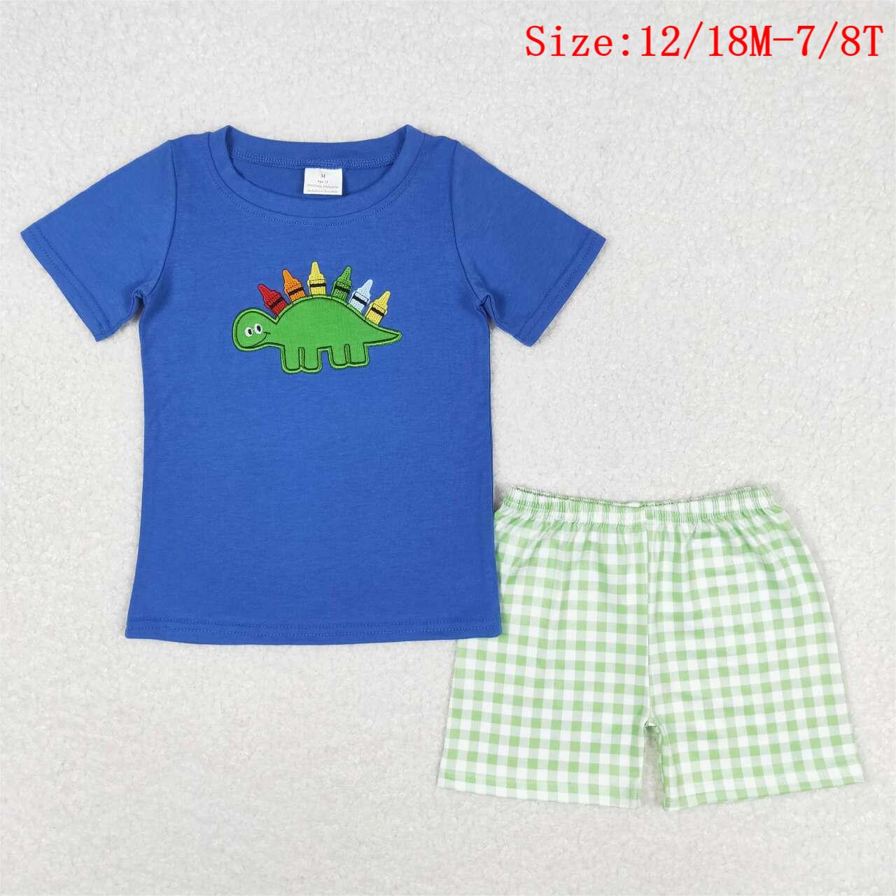 BSSO0805 Dino Pen Embroidery Blue Top Plaid Shorts Boys Back to School Clothes Set