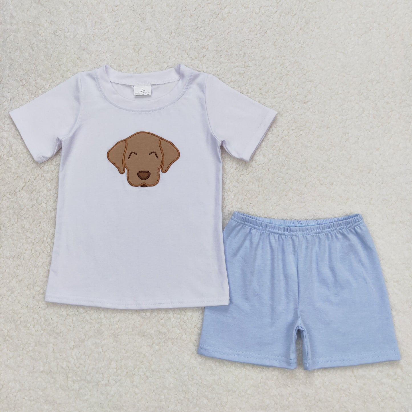 BSSO0695 Dog Embroidery White Top Light Blue Shorts Boys Summer Clothes Set