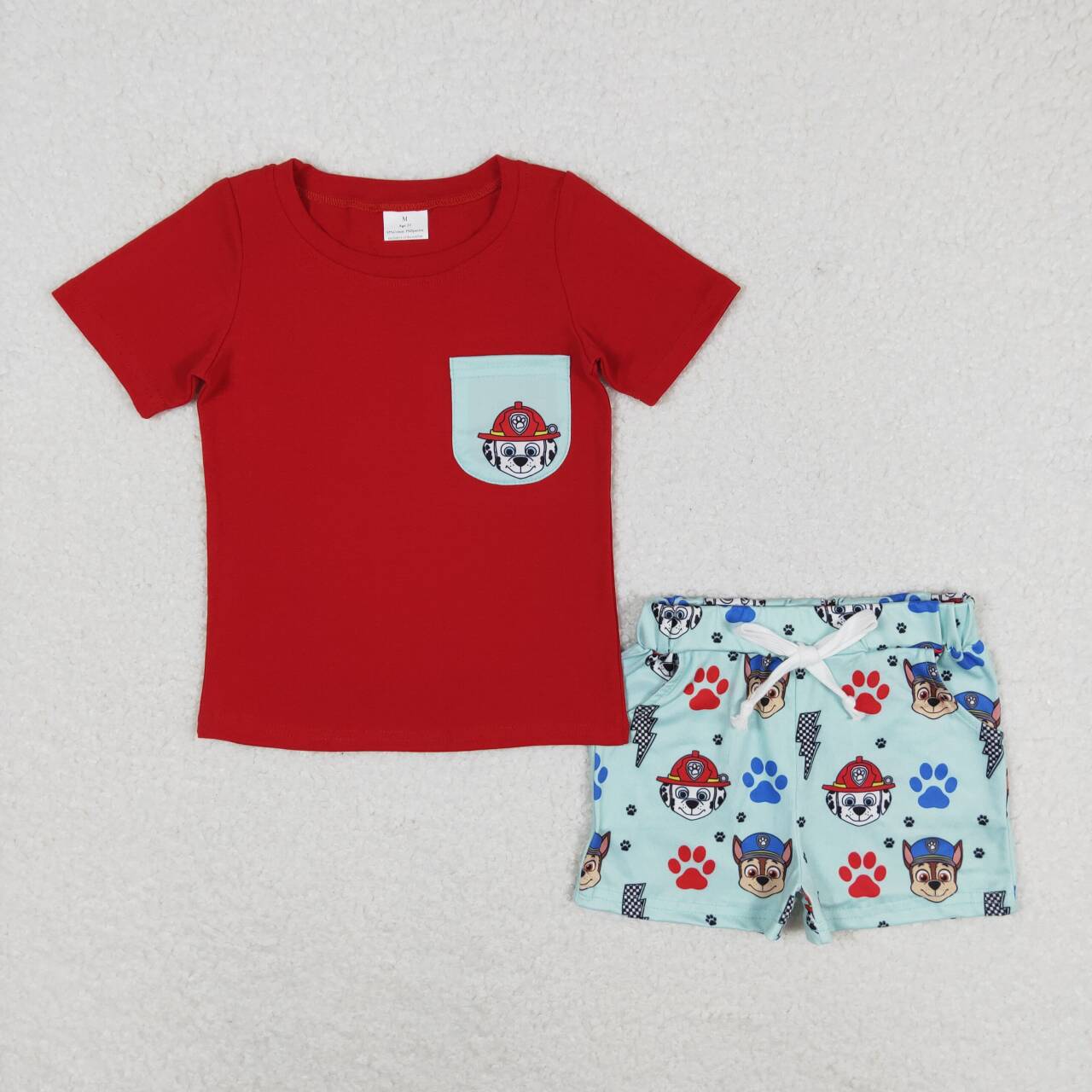 BSSO0794 Red Pockets Top Cartoon Dog Paw Shorts Boys Summer Clothes Set