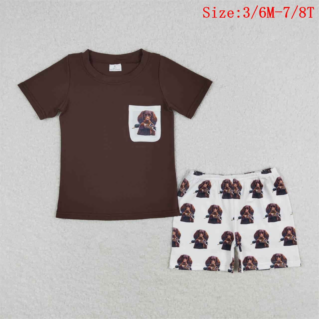 BSSO0936 Brown Pocket Top Dog Duck Hunting Shorts Boys Summer Clothes Set
