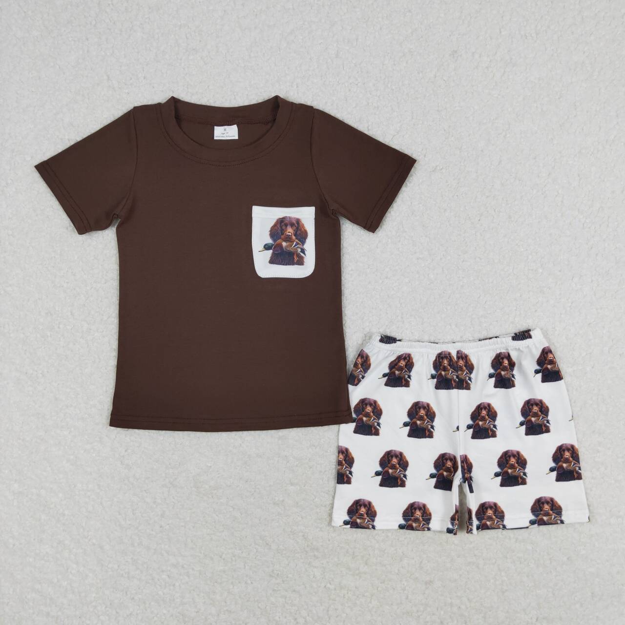 BSSO0936 Brown Pocket Top Dog Duck Hunting Shorts Boys Summer Clothes Set