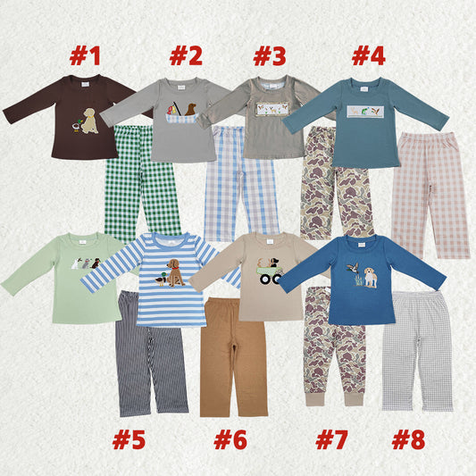 Dog Duck Hunting Embroidery Top Pants Boys Fall Go Hunting Clothes Set Brothers Wear