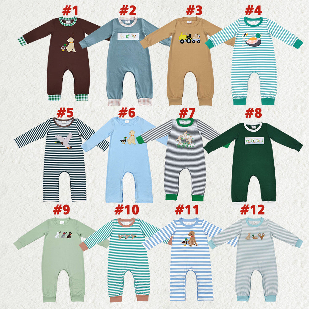 Dog Duck Hunting Embroidery Baby Boys Fall Romper Brothers Wear
