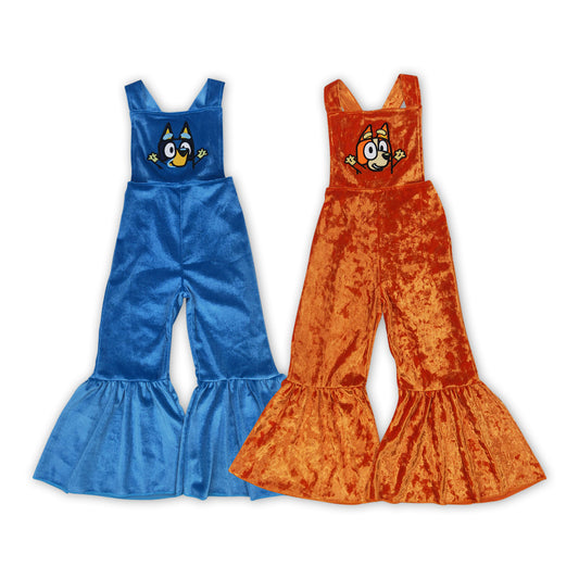 Cartoon Dog Embroidery Velvet Girls Summer Jumpsuits Sisters Wear