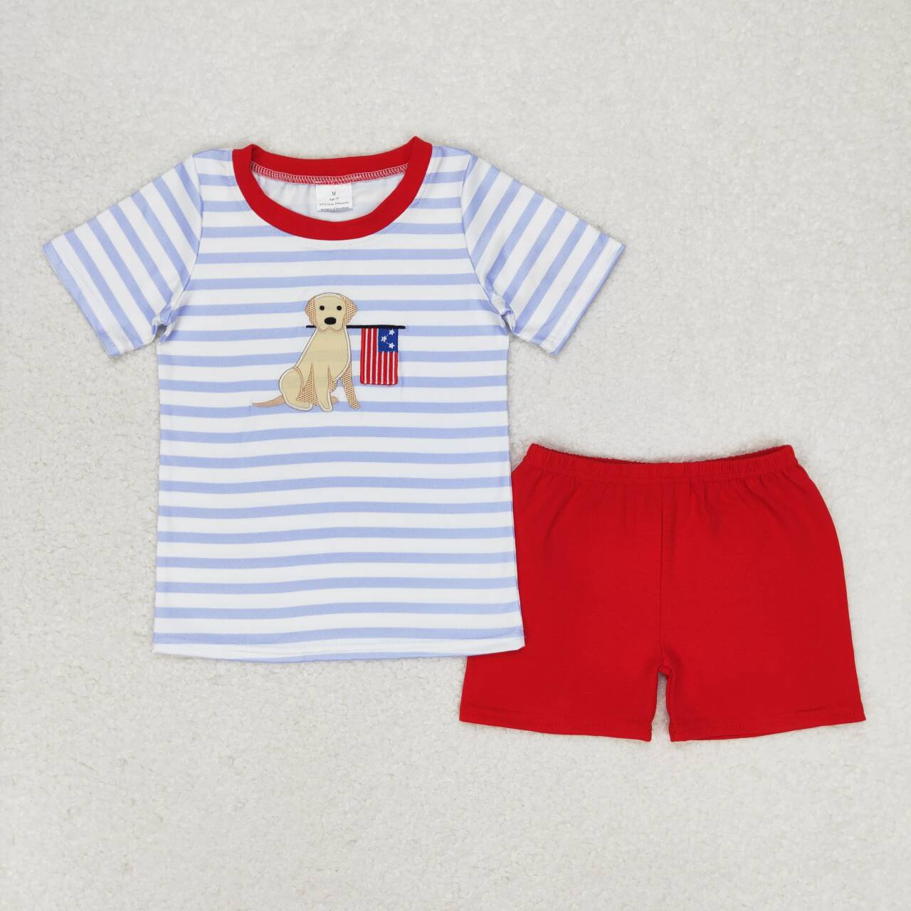BSSO0619 Dog Flag Embroidery Stripes Top Red Shorts Boys 4th of July Clothes Set