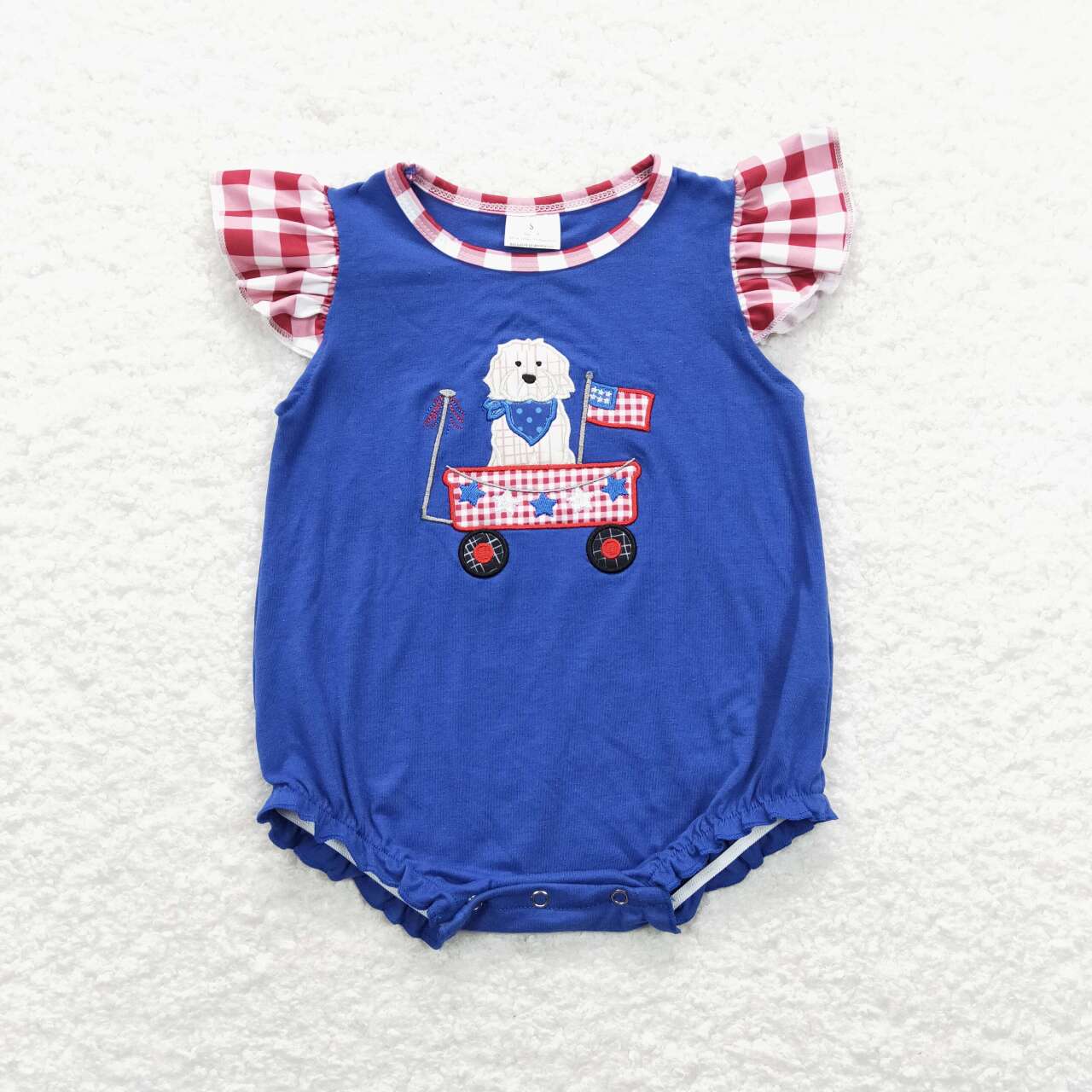 SR0748 Dog Truck Flag Embroidery Blue Baby Girls 4th of July Romper