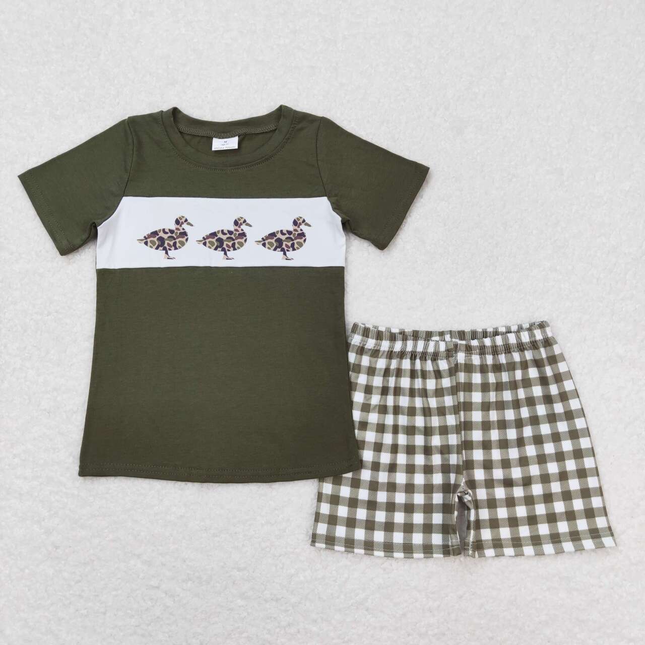 BSSO0663 Green Camo Duck Top Plaid Shorts Boys Summer Clothes Set