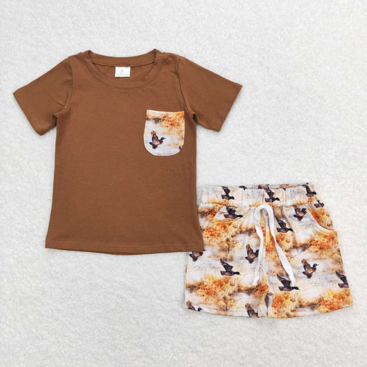 BSSO0776  Brown Pocket Top Duck Shorts Boys Summer Clothes Set