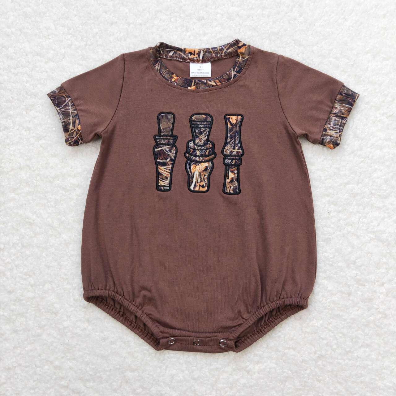 SR1402 Duck Call Embroidery Camo Brown Baby Boys Summer Romper
