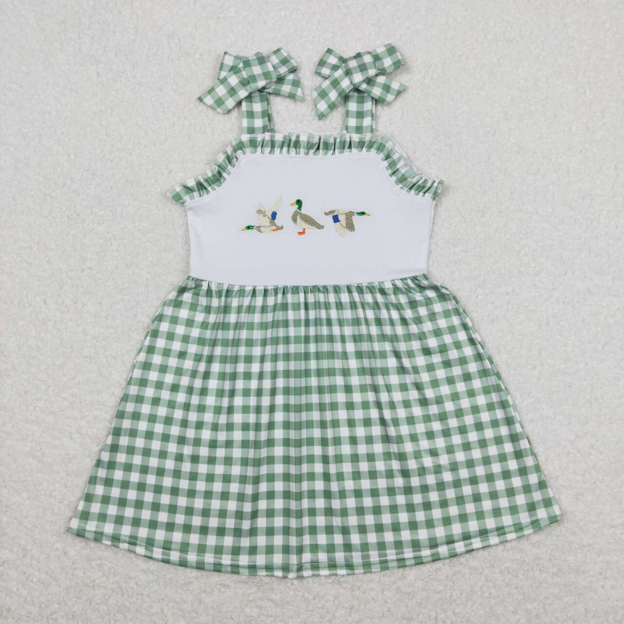 Duck Embroidery Green Plaid Print Hunting Design Sibling Summer Matching Clothes