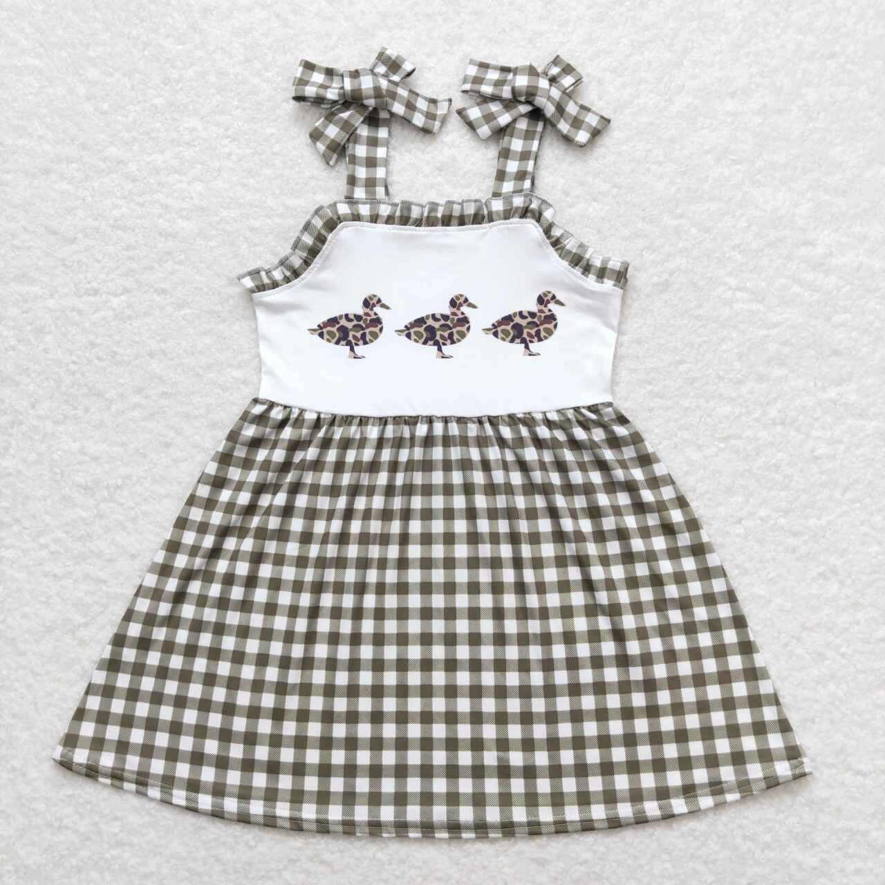 GSD0903 Camo Duck Green Plaid Print Girls Knee Length Summer Dress
