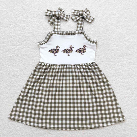 GSD0903 Camo Duck Green Plaid Print Girls Knee Length Summer Dress