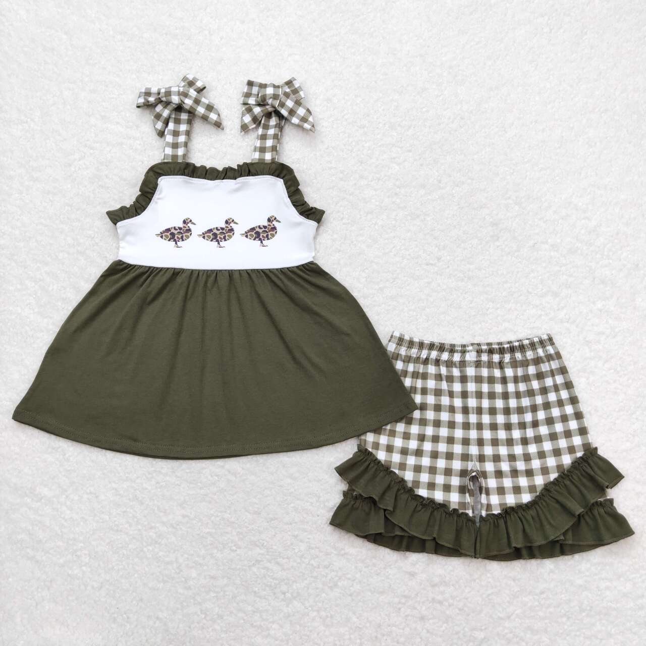 GSSO0716 Camo Duck Dark Green Tunic Top Plaid Shorts Girls Summer Clothes Set