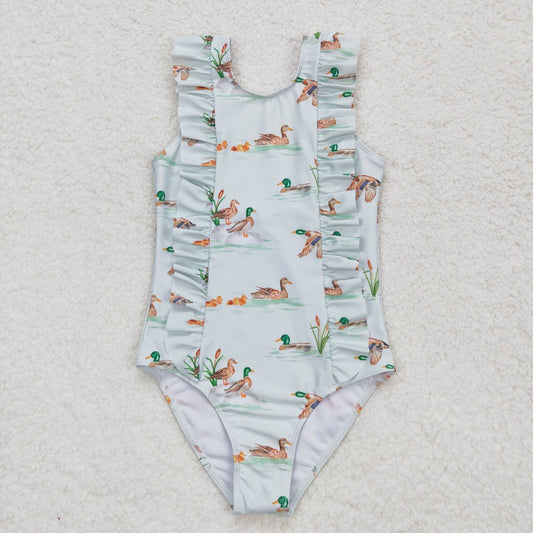 S0265 Duck Print Ruffle Girls 1 Piece Swimsuits