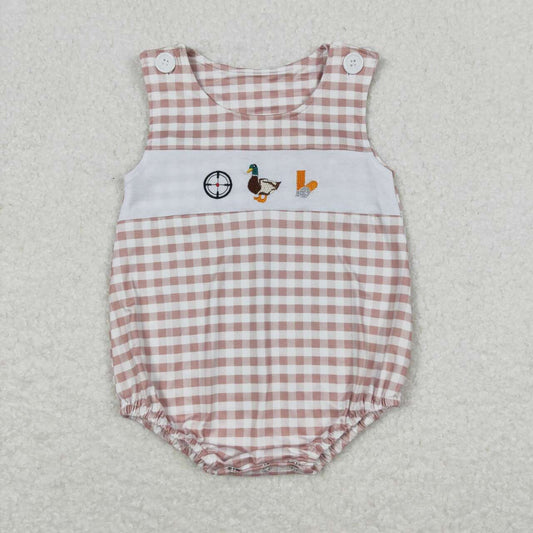 SR1009 Duck Embroidery Hunting Khaki Plaid Baby Boys Summer Romper