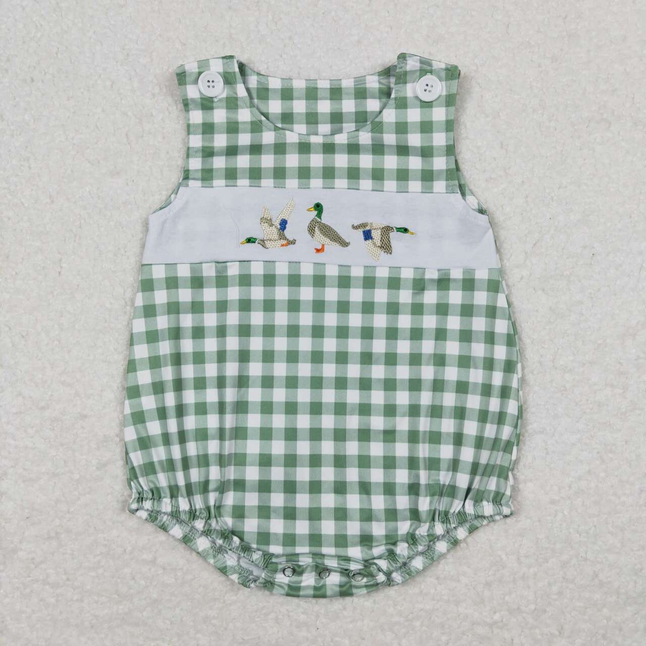 Duck Embroidery Green Plaid Print Hunting Design Sibling Summer Matching Clothes