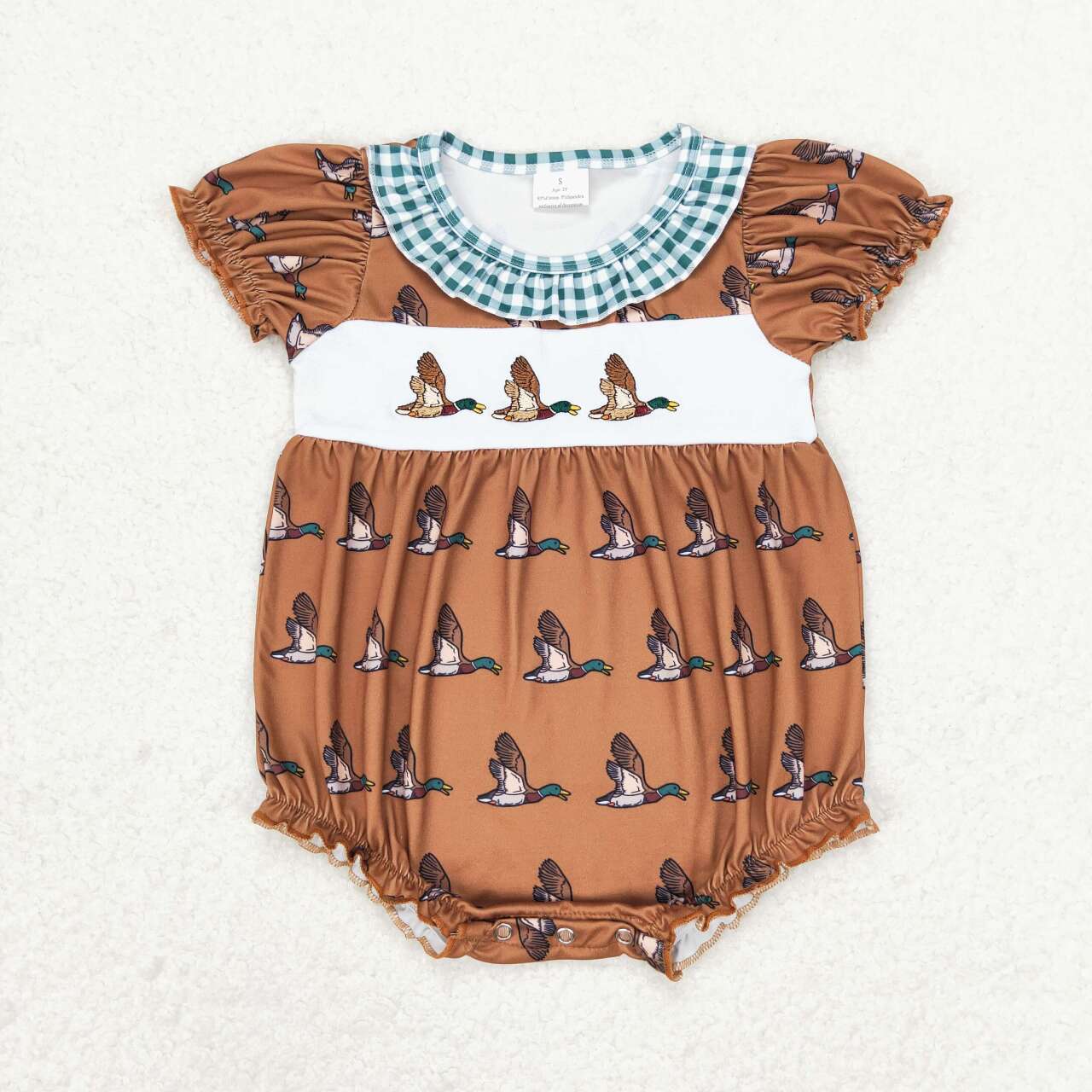 SR1286 Duck Embroidery Brown Print Baby Girls Summer Romper