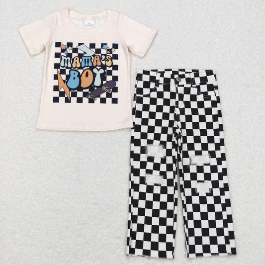 BSPO0243 Mama's Boy Scooter Flash Black Plaid Print Denim Hole Jeans Boys Clothes Set