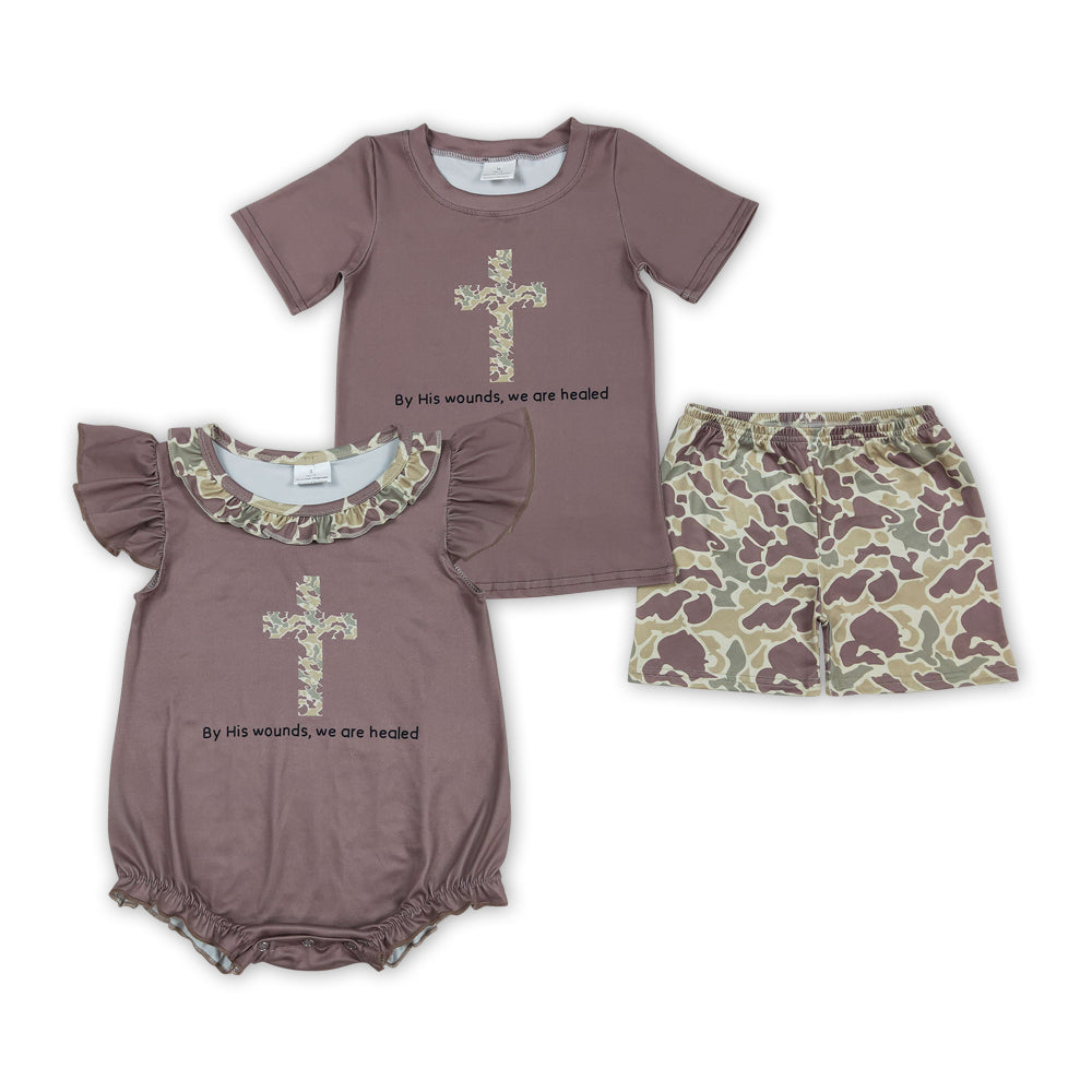 Cross Camo Brown Print Sibling Easter Matching Clothes