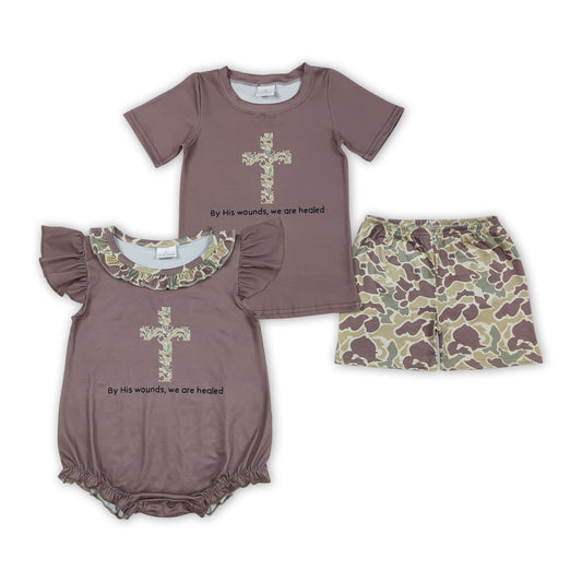 Cross Camo Brown Print Sibling Easter Matching Clothes